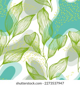 Sketch style doodle line texture leaves over stains and dots vector seamless pattern. Vibrant ornament with tropical tree leaves. Summer tree branch foliage wallpaper. Swimwear tissue.