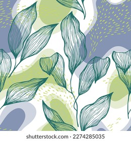 Sketch style doodle line texture leaves over stains and dots vector seamless pattern. Aesthetic ornament with houseplant leaves. Natural drapery plant foliage botany motif. Linen textile print.