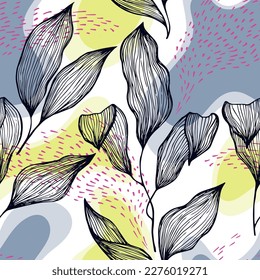 Sketch style doodle line texture leaves over stains and dots vector seamless pattern. Contemporary ornament with houseplant leaves. Natural drapery plant foliage botany motif. Herbarium backdrop.