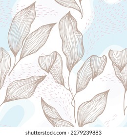 Sketch style doodle line texture leaves over stains and dots vector seamless pattern. Linear ornament with exotic tree leaves. Summer tree branch foliage wallpaper. Floral background.