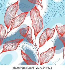 Sketch style doodle line texture leaves over stains and dots vector seamless pattern. Beautiful ornament with hawaiian tree leaves. Summer tree branch foliage wallpaper. Creative floral design.