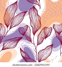 La textura de la línea de doodle de estilo boceto se extiende sobre manchas y puntos vectoriales sin fisuras. Ornamento vibrante con hojas de árboles tropicales. Impresión textil de ramas de árboles verdes. Fondo floral.