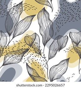 Sketch style doodle line texture leaves over stains and dots vector seamless pattern. Contemporary ornament with houseplant leaves. Summer tree branch foliage wallpaper. Creative floral design.
