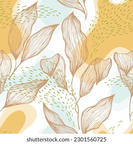 Sketch style doodle line texture leaves over stains and dots vector seamless pattern. Modern ornament with tropical tree leaves. Greenery tree branch foliage textile print. Floral graphics.