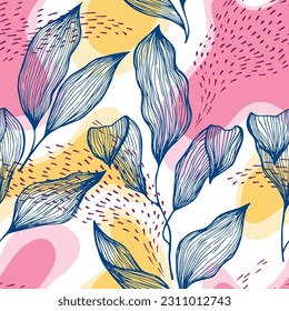 Sketch style doodle line texture leaves over stains and dots vector seamless pattern. Minimal ornament with jungle tree leaves. Natural drapery plant foliage botany motif. Swimwear tissue.