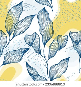 La textura de la línea de doodle de estilo boceto se extiende sobre manchas y puntos vectoriales sin fisuras. Hermoso ornamento con hojas de árbol hawaiano. Impresión textil de ramas de árboles verdes. Gráficos florales.