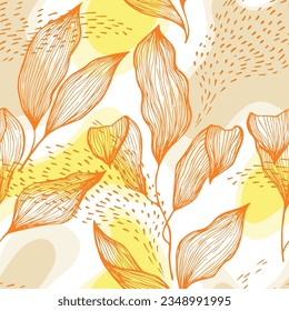 Sketch Stil doodle Linie Textur Blätter über Flecken und Punkte Vektor nahtlose Muster. Abstrakte Ornamente mit Dschungelblättern. Grünbäume, Laubbbäume, Stoffdruck. Regenwaldblütendruck.