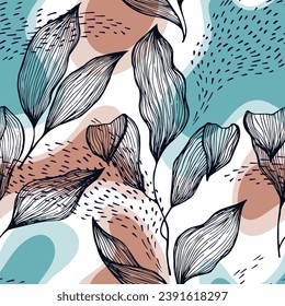 La textura de la línea de doodle de estilo boceto se extiende sobre manchas y puntos vectoriales sin fisuras. Hermoso ornamento con hojas de árbol hawaiano. Impresión textil de ramas de árboles verdes. Impresión floral de la selva tropical.