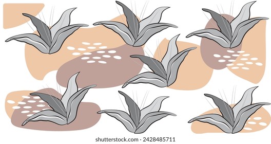Sketch style doodle line texture leaves over stains and dots vector seamless pattern. Delicate ornament with exotic tree leaves. Natural drapery plant foliage botany motif. Floral graphics.