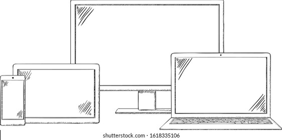 Sketch style doodle of notebook, pc monitor, tablet and mobile