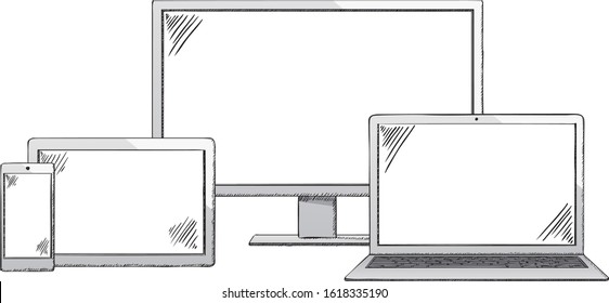 Sketch style doodle of notebook, pc monitor, tablet and mobile - colored