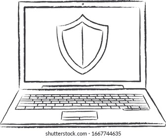 sketch style doodle of notebook with safety protection on screen. Hand drawn doodle vector illustration.