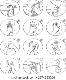 Sketch style doodle of proper hand washing - black and white. Hand drawn doodle vector illustration.