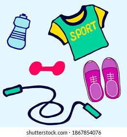 Sketch in the style of doodles. A set of sports equipment.
