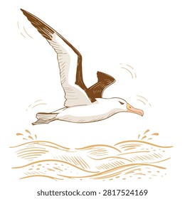 A sketch style drawing of an albatross in flight over ocean waves