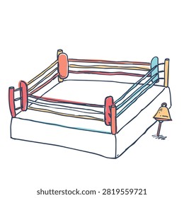 A sketch style drawing of a boxing ring with ropes and a bell isolated on a white background