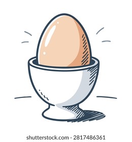 A sketch style drawing of a brown egg sitting inside a simple white egg cup isolated on a white background