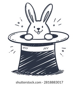 A sketch style drawing of a bunny rabbit popping out of a magician top hat