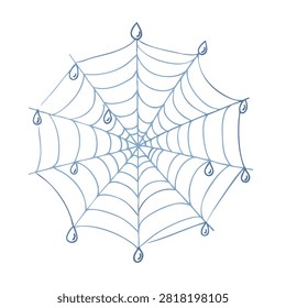 A sketch style drawing of a circular spider web featuring small water droplets hanging from the outer threads on a white background