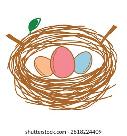 A sketch style drawing featuring a brown woven twig bird nest containing three pastel colored eggs including peach pink and light blue against a plain white background