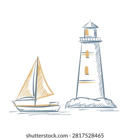 A sketch style drawing featuring a small sailboat with orange sails near a lighthouse on a rocky island, isolated on a white background.