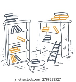 A sketch style drawing featuring two wooden bookshelves filled with books and a small round table with books on it and a ladder leaning against one shelf