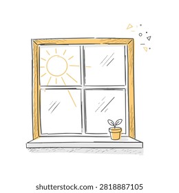 A sketch style drawing of a four pane window frame with sunlight shining through and a small houseplant sitting on the windowsill