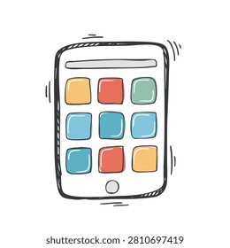 A sketch style drawing of a mobile device featuring a grid of vibrant application squares on the screen