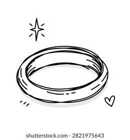 A sketch style drawing of a plain circular band ring surrounded by a small star and a heart icon on a white background
