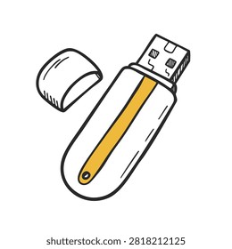 A sketch style drawing of a portable USB memory stick with its cap removed on a white background