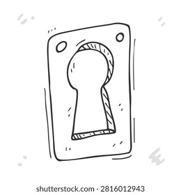 A sketch style drawing of a rectangular keyhole escutcheon plate with two screw holes on a white background