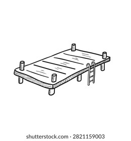 A sketch style drawing of a rectangular wooden swimming dock with a ladder attached, depicted on a plain white background.