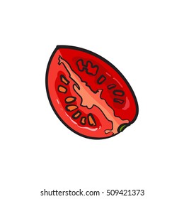 Sketch style drawing of ripe red tomato slice, vector illustration isolated on white background. Quarter of ripe tomato, side view, hand drawn illustration