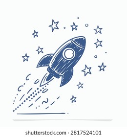 A sketch style drawing of a rocket ship launching into space surrounded by hand drawn stars and exhaust trails on a white background
