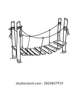 A sketch style drawing of a rustic rope bridge with wooden planks suspended between tall wooden posts isolated on a white background