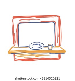 A sketch style drawing of a service counter with an empty plate and a small cup sitting on the ledge