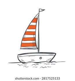 A sketch style drawing of a simple sailing boat with an orange and white striped sail floating on stylized waves