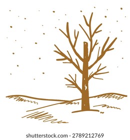 A sketch style drawing of a single bare tree standing in a snowy landscape during a light snowfall