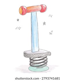 A sketch style drawing of a single spring rider toy with a blue post and red handles on a coiled spring base