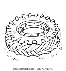 A sketch style drawing of a single thick industrial vehicle tire with deep tread patterns isolated on a white background