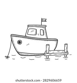 A sketch style drawing of a small motor boat docked at a wooden pier with calm water underneath