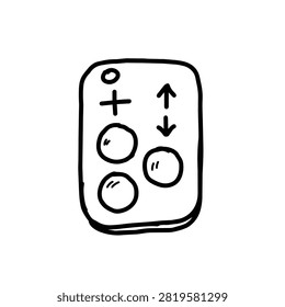 A sketch style drawing of a small remote control with circular buttons and directional arrow symbols on a plain white background.