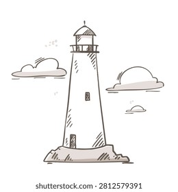 A sketch style drawing of a tall lighthouse tower on a small rocky island surrounded by stylized clouds
