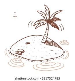 A sketch style drawing of a tiny isolated island in the middle of the ocean featuring a single palm tree and small rocks