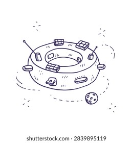 A sketch style drawing of a toroidal space station floating in space with antennas and modules orbiting a small planet