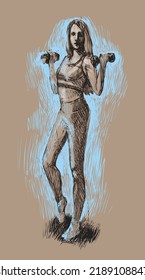 Dibujo de estilo boceto.Una joven rubia delgada con ropa deportiva, piernas y una tapa de tanque está entrenando con dobleces.Ilustración vectorial, EPS 10.El concepto de ejercicios de fitness para endurecimiento muscular, abs