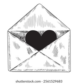 Sketch style envelope with Valentine's card isolated on white background. Heart inside an envelope. Hand drawn illustration for Valentine's Day