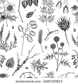 Skizze Stil fallen hinterlässt Hintergrund. Getrocknete Blumen und Herbstpflanzen nahtlose Muster. Handgezeichnete Vektorgrafik. KEINE AI generiert 