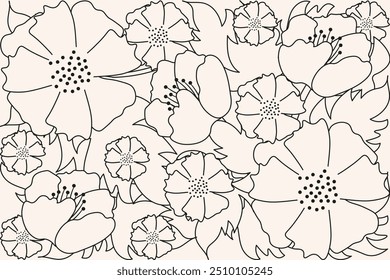 Sketch style Floral Vinyl wallpaper print template design. Elegant vector wall decor. Summer poppy flowers seamless pattern for textile bed linen fabric cloth decor printing. Editable stroke EPS 10
