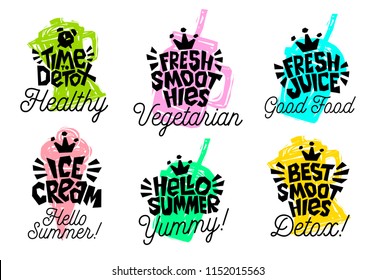 Sketch style  food lettering icons set. For badges, labels, logo, fresh market, detox, healthy market, eco shop, smoothies drinks, juice cafe, green bar. Hand drawn vector illustration.